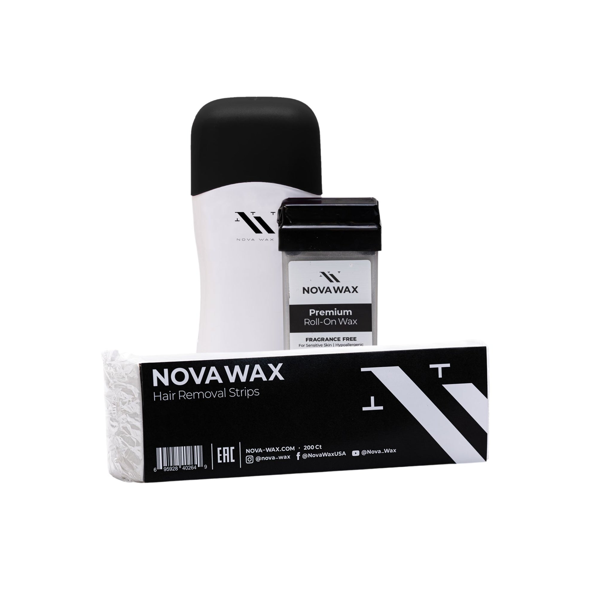 nova wax fragrance free roll on bundle with roll on warmer, roll on wax cartridge, and pack of removal strips