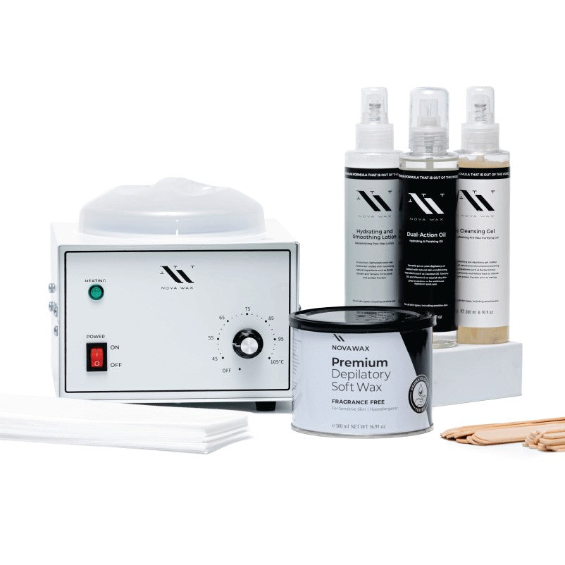 Soft Wax Kit: Professional Soft Wax Warmer, 500ml can, pre and post care, strips, and spatulas
