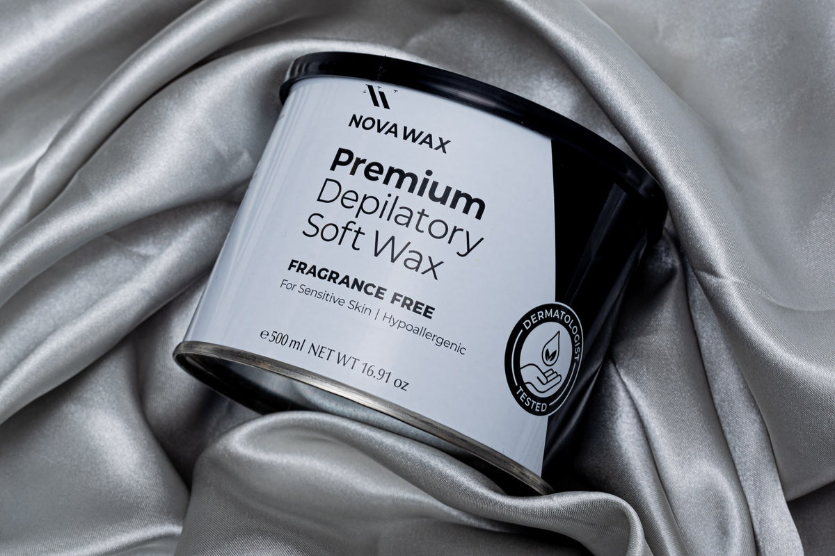 Nova Wax soft wax 500ml can resting on satin